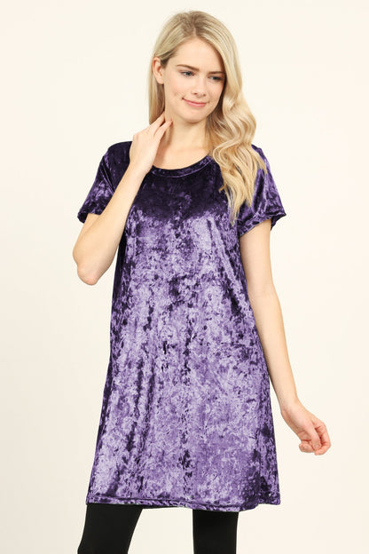 Short Sleeve Crushed Velvet Tunic Dress