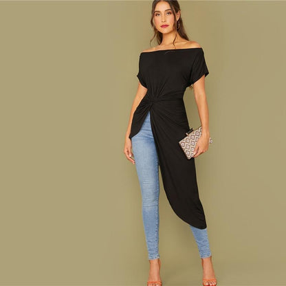 Black Off Shoulder Twist Front Asymmetrical Hem Bardot Top