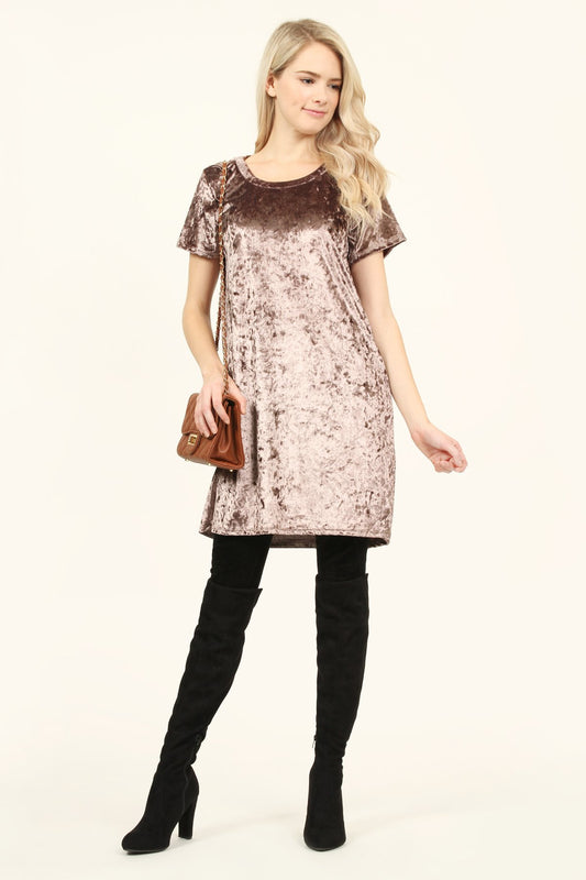 Short Sleeve Crushed Velvet Tunic Dress